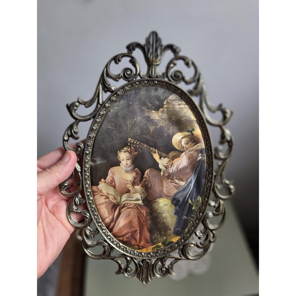 Vintage Italian Ornate Metal Wall Frame Rococo Couple Print Made in Italy